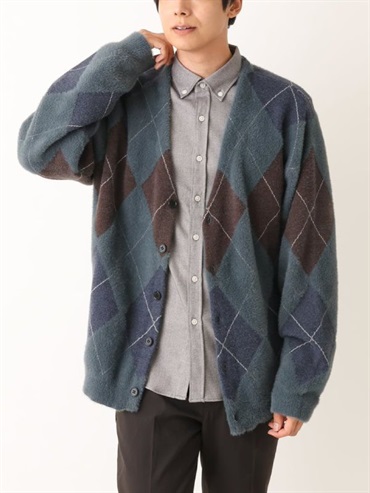 菱形格紋毛絨寬鬆開襟衫