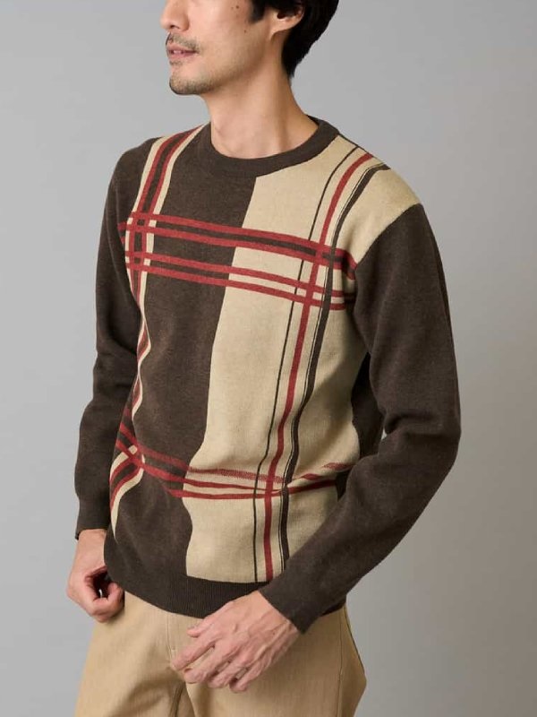 格紋提花圓領針織上衣(棕色(87)/46)