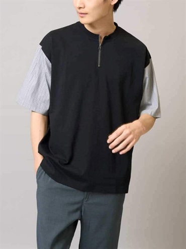 半拉鍊後背拼接拼色針織上衣(黑色(94)/46)