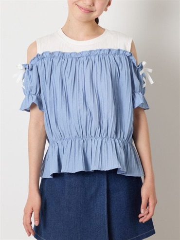 袖口綁帶露肩上衣(藍色(55)/14)