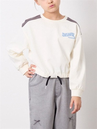 配色線條刺繡短版上衣(白色(90)/14)