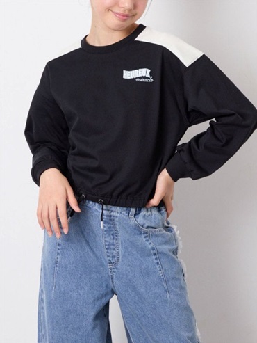 配色線條刺繡短版上衣(黑色(94)/14)