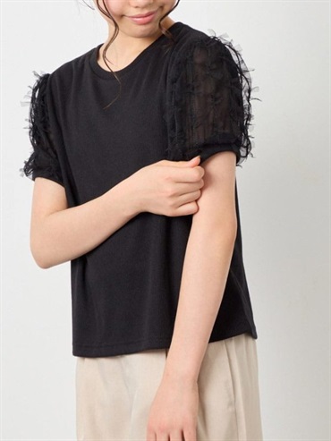 袖綁帶薄紗羅紋上衣(黑色(94)/14)