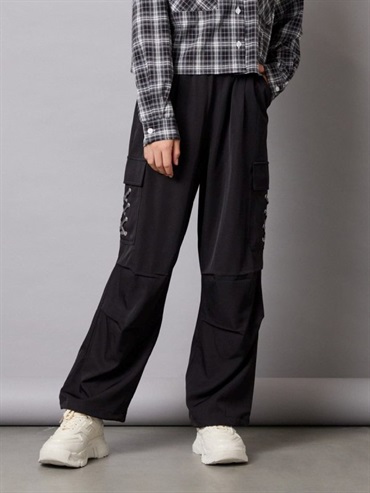 側邊綁帶工裝褲(黑色(94)/14)