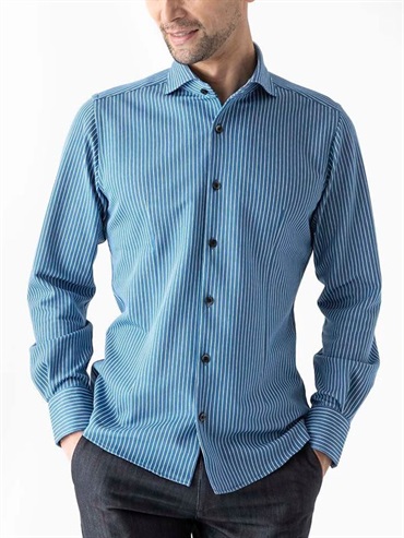 條紋彈性長袖襯衫[日本製](藍色(55)/48)