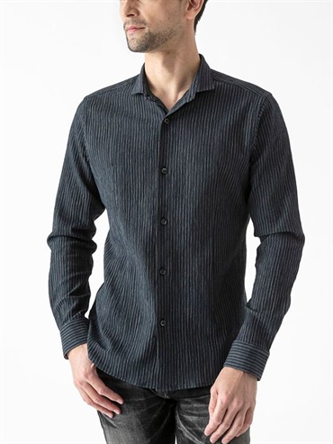 針織條紋長袖襯衫[可機洗](海軍藍(57)/46)