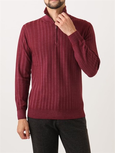 半開襟拉鍊針織衫[成衣染色工藝](酒紅色(77)/48)