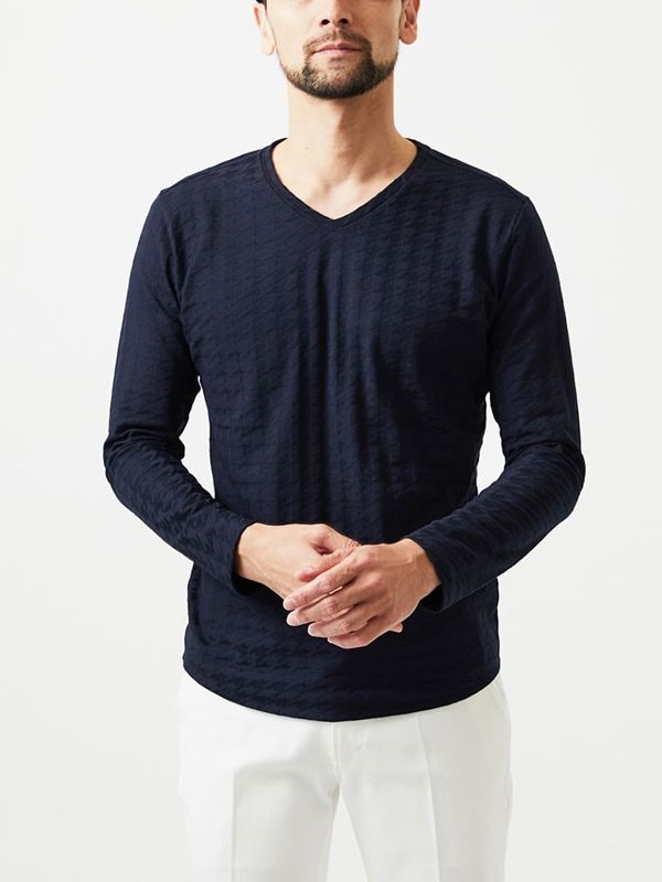 千鳥格紋V領上衣[日本製](海軍藍(57)/48)