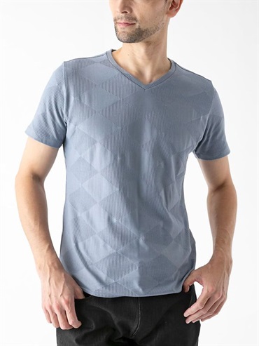 菱格紋V領上衣[日本製/可機洗](天藍色(50)/48)