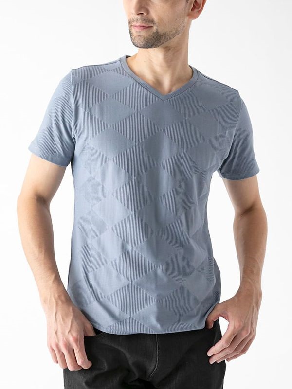 菱格紋V領上衣[日本製/可機洗](天藍色(50)/48)