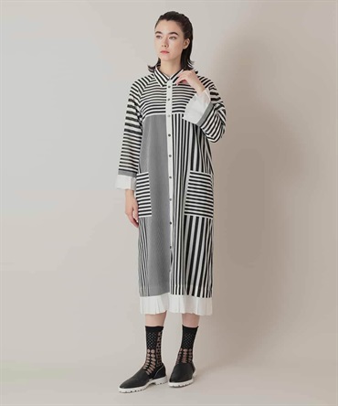 多彩條紋透視百褶洋裝[日本製](白色(90)/38)