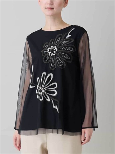 花卉刺繡薄紗上衣(黑色(94)/38)