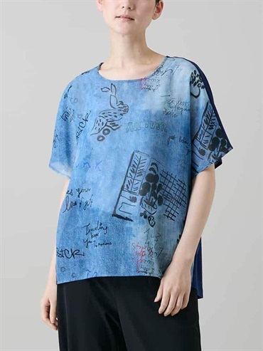 丹寧風藝術印花上衣[日本製](天藍色(50)/38)