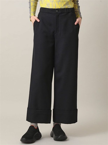 斜紋彈性捲邊寬褲(黑色(94)/38)