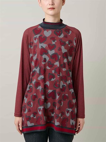 愛心動物圖樣條紋長版上衣(玫紅色(05)/38)